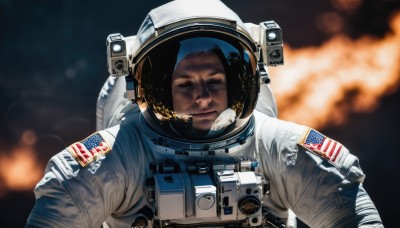 solo,looking at viewer,1boy,closed mouth,closed eyes,upper body,male focus,blurry,depth of field,blurry background,helmet,facing viewer,1other,reflection,science fiction,realistic,space,american flag,spacesuit,japanese flag,space helmet,astronaut,black hair,fire,planet