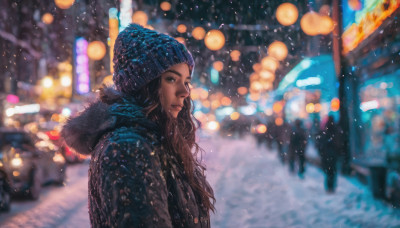 1girl, solo, long hair, looking at viewer, black hair, hat, upper body, outdoors, dark skin, hood, blurry, from side, dark-skinned female, lips, coat, fur trim, night, depth of field, hood down, snow, snowing, realistic, nose, beanie, winter clothes, winter, winter coat