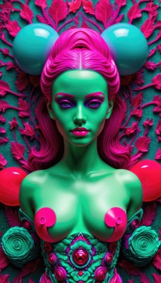 1girl,solo,long hair,breasts,looking at viewer,blue eyes,medium breasts,closed mouth,nipples,purple eyes,collarbone,upper body,pink hair,hair bun,lips,double bun,makeup,colored skin,leaf,plant,lipstick,breasts apart,eyeshadow,nose,eyeliner,green skin,pink skin,plant girl,flower,nude,eyelashes,mascara