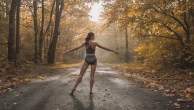 1girl,solo,long hair,brown hair,black hair,bare shoulders,standing,ponytail,ass,outdoors,shorts,barefoot,day,from behind,tree,bare arms,short shorts,bare legs,leaf,back,sunlight,tank top,outstretched arms,denim,nature,scenery,camisole,forest,walking,denim shorts,realistic,spread arms,road,autumn leaves,autumn,underwear,panties,full body,bra,black panties,underwear only,black bra,sports bra,facing away,wide shot,dappled sunlight