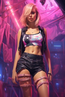 1girl,solo,breasts,looking at viewer,short hair,blonde hair,navel,brown eyes,jewelry,medium breasts,standing,heart,parted lips,open clothes,shorts,midriff,necklace,hair over one eye,vest,bracelet,lips,crop top,torn clothes,short shorts,makeup,thigh strap,black shorts,tank top,pendant,realistic,nose,blue eyes,bare shoulders,green eyes,collarbone,cowboy shot,earrings,sleeveless,belt,pants,medium hair,denim,lipstick,black nails,asymmetrical clothes,leather,open vest,torn pants,single pantsleg