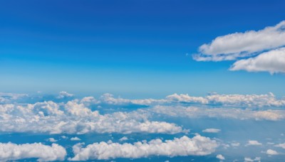 monochrome,outdoors,sky,day,cloud,blue sky,no humans,cloudy sky,scenery,blue theme,horizon,landscape,above clouds