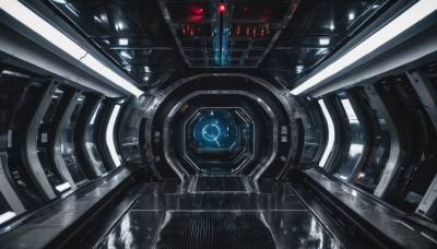 no humans,glowing,robot,mecha,machinery,science fiction,realistic,space,planet,spacecraft,cockpit,solo,scenery,reflection,machine