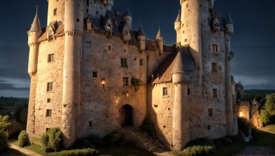 HQ,outdoors,sky,cloud,tree,no humans,window,night,grass,building,nature,scenery,fantasy,road,house,castle,tower,church,arch,cloudy sky,night sky,lantern,stairs,architecture,path