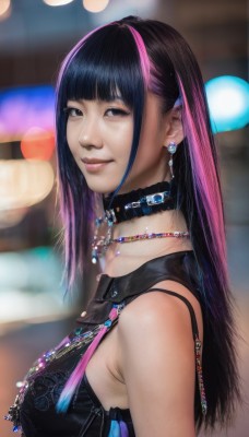 1girl,solo,long hair,breasts,looking at viewer,smile,bangs,black hair,bare shoulders,brown eyes,jewelry,medium breasts,upper body,pink hair,purple hair,multicolored hair,earrings,sleeveless,choker,blunt bangs,necklace,blurry,black eyes,from side,two-tone hair,lips,streaked hair,looking to the side,depth of field,blurry background,freckles,realistic,nose,shirt,collar,black shirt,sleeveless shirt,bokeh