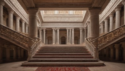 day,indoors,no humans,window,sunlight,scenery,stairs,architecture,pillar,carpet,arch,column,wooden floor,railing,bridge,ceiling,rug