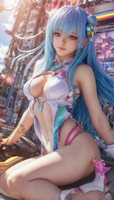 1girl,solo,long hair,breasts,looking at viewer,smile,bangs,blue eyes,hair ornament,gloves,navel,cleavage,bare shoulders,jewelry,medium breasts,sitting,closed mouth,blue hair,thighs,outdoors,sleeveless,day,hair bun,blurry,high heels,leotard,lips,legs,clothing cutout,bare legs,double bun,tattoo,blurry background,highleg,piercing,cleavage cutout,white footwear,revealing clothes,realistic,white leotard,center opening,navel cutout,boots,artist name,signature,see-through,watermark,ground vehicle,motor vehicle,nose,motorcycle