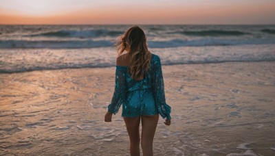 1girl,solo,long hair,brown hair,shirt,long sleeves,dress,bare shoulders,standing,outdoors,sky,water,off shoulder,from behind,blurry,blurry background,feet out of frame,blue dress,ocean,beach,short dress,blue shirt,scenery,clenched hands,sunset,sand,arms at sides,horizon,facing away,waves,photo background,shore,blonde hair,jacket,shorts,sleeves past wrists,bare legs,depth of field