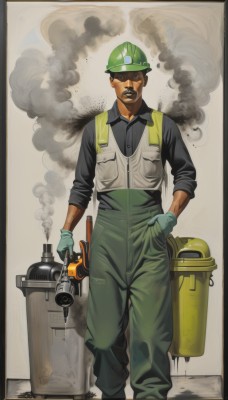 solo,looking at viewer,shirt,gloves,1boy,hat,holding,standing,male focus,collared shirt,pants,dark skin,vest,black shirt,facial hair,dark-skinned male,smoke,hand in pocket,green headwear,mustache,overalls,green gloves,brown hair,border,helmet,black border,green vest