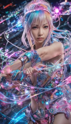 1girl,solo,long hair,breasts,looking at viewer,navel,cleavage,jewelry,medium breasts,ponytail,pink hair,multicolored hair,lips,science fiction,realistic,blue eyes,blonde hair,bare shoulders,green eyes,blue hair,white hair,midriff,bracelet,two-tone hair,fingernails,watermark,ring,armlet,cyberpunk