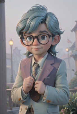 1girl,solo,looking at viewer,smile,short hair,bangs,blue eyes,shirt,long sleeves,closed mouth,green eyes,blue hair,jacket,white shirt,upper body,outdoors,necktie,glasses,collared shirt,belt,medium hair,blurry,vest,lips,buttons,blurry background,formal,thick eyebrows,suit,building,child,black necktie,freckles,black-framed eyewear,female child,brown belt,lamppost,brown necktie,1boy,male focus,artist name,depth of field,aged down,realistic,male child