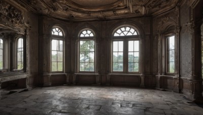 day,indoors,tree,no humans,window,sunlight,plant,scenery,tiles,architecture,tile floor,ruins,pillar,church,arch,column,artist name,watermark,chair,table