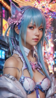 1girl,solo,long hair,breasts,looking at viewer,bangs,blue eyes,hair ornament,animal ears,cleavage,bare shoulders,medium breasts,underwear,blue hair,upper body,flower,sidelocks,hairband,small breasts,cat ears,hair flower,bra,blurry,lips,aqua hair,blurry background,realistic,nose,closed mouth,artist name,signature,eyelashes,depth of field,strap slip,white bra,pink lips