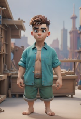 solo,looking at viewer,short hair,brown hair,shirt,1boy,navel,brown eyes,jewelry,standing,full body,male focus,earrings,outdoors,open clothes,shorts,barefoot,day,belt,pants,necklace,open shirt,blurry background,sandals,thick eyebrows,blue shirt,pectorals,building,box,child,city,unbuttoned,male child,unbuttoned shirt,smile,closed mouth,blurry,spiked hair