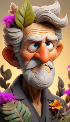 solo,blue eyes,hair ornament,1boy,upper body,flower,white hair,grey hair,male focus,japanese clothes,kimono,gradient,gradient background,facial hair,leaf,bug,portrait,beard,mustache,old,old man,wrinkled skin,collarbone,artist name,watermark,web address