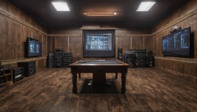 indoors,no humans,chair,table,scenery,wooden floor,realistic,cable,computer,television,monitor,speaker,ceiling,ceiling light,science fiction,light,screen