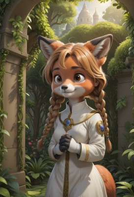 1girl,solo,long hair,breasts,smile,bangs,brown hair,gloves,long sleeves,dress,animal ears,brown eyes,jewelry,closed mouth,standing,tail,braid,cowboy shot,small breasts,outdoors,day,black gloves,artist name,white dress,twin braids,tree,animal ear fluff,fox ears,:3,fox tail,happy,sunlight,own hands together,plant,fox girl,building,gem,nature,furry,forest,furry female,own hands clasped,body fur,ruins,vines,animal nose,castle,snout,brown fur,two-tone fur,orange fur,ivy,twintails,flower,fingerless gloves,freckles,arch