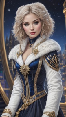 1girl,solo,breasts,looking at viewer,short hair,blonde hair,gloves,long sleeves,dress,cleavage,brown eyes,jewelry,medium breasts,closed mouth,standing,sky,choker,artist name,medium hair,necklace,blurry,lips,grey eyes,fur trim,makeup,night,blurry background,blue dress,wavy hair,lipstick,gem,star (sky),night sky,pendant,eyeshadow,starry sky,curly hair,gold trim,nose,red lips,mascara,holding,weapon,holding weapon,realistic