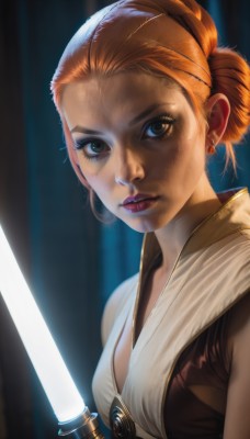 1girl,solo,breasts,looking at viewer,short hair,holding,brown eyes,jewelry,medium breasts,closed mouth,upper body,weapon,earrings,sleeveless,sword,hair bun,holding weapon,orange hair,lips,eyelashes,makeup,holding sword,single hair bun,lipstick,freckles,realistic,nose,glowing weapon,energy sword,lightsaber,blue eyes