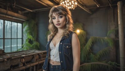 1girl,solo,long hair,breasts,looking at viewer,blue eyes,blonde hair,brown hair,hat,navel,cleavage,jewelry,medium breasts,jacket,small breasts,open clothes,sleeveless,midriff,belt,indoors,necklace,vest,tree,lips,window,wavy hair,plant,denim,realistic,denim jacket,brown eyes,parted lips,jeans