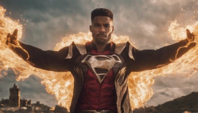 solo,looking at viewer,short hair,brown hair,black hair,1boy,closed mouth,jacket,upper body,male focus,outdoors,sky,cloud,dark skin,blurry,blurry background,dark-skinned male,cloudy sky,outstretched arms,fire,realistic,manly,superhero,shirt,long sleeves,open clothes,belt,cape,armor,muscular,facial hair,red shirt,beard,spread arms