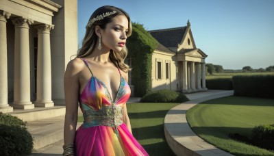 HQ,1girl,solo,long hair,breasts,looking at viewer,brown hair,hair ornament,dress,cleavage,bare shoulders,brown eyes,jewelry,medium breasts,collarbone,earrings,outdoors,sky,sleeveless,day,bracelet,blue sky,lips,makeup,sleeveless dress,grass,lipstick,building,pink dress,multicolored clothes,realistic,nose,red lips,head wreath,house,pillar,sunlight