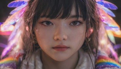 1girl,solo,long hair,looking at viewer,bangs,brown hair,shirt,black hair,brown eyes,jewelry,closed mouth,white shirt,earrings,parted lips,blurry,black eyes,lips,depth of field,blurry background,feathers,portrait,close-up,freckles,realistic,nose,red lips,rainbow,eyelashes,straight-on