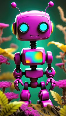 solo,looking at viewer,smile,blue eyes,standing,full body,flower,sky,cloud,blurry,no humans,glowing,robot,mecha,science fiction,antennae,straight-on,open hands,humanoid robot,outdoors,signature,tree,blurry background