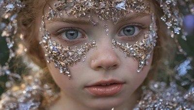 1girl,solo,looking at viewer,blue eyes,blonde hair,closed mouth,parted lips,blurry,lips,grey eyes,eyelashes,depth of field,blurry background,gem,portrait,close-up,crystal,realistic,nose,snowflakes