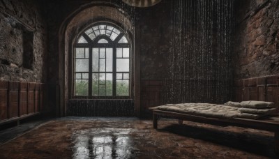 sky,day,cloud,indoors,water,tree,pillow,no humans,window,bed,scenery,reflection,rain,wooden floor,door,wall,ruins,puddle,chair,table,fantasy,brick wall,wooden wall,stone wall,brick,brick floor