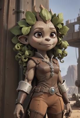 1girl,solo,long hair,breasts,smile,gloves,brown eyes,closed mouth,standing,cowboy shot,small breasts,outdoors,green hair,sleeveless,day,pointy ears,belt,pants,leaf,monster girl,zipper,freckles,curly hair,furry female,leather,brown pants,leaf on head,long pointy ears,fewer digits,blush,brown hair,hair ornament,leaf hair ornament