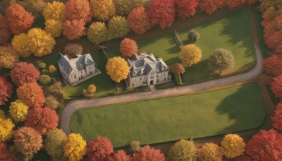 flower,outdoors,artist name,signature,tree,no humans,window,leaf,from above,grass,ground vehicle,building,nature,scenery,yellow flower,road,autumn leaves,house,autumn,orange flower,door,bush,field,path