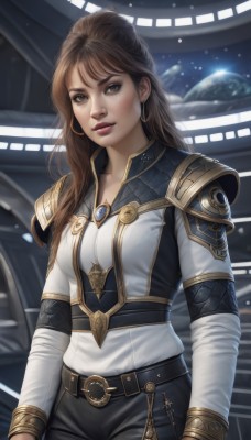 1girl,solo,long hair,breasts,looking at viewer,bangs,brown hair,shirt,long sleeves,brown eyes,jewelry,white shirt,cowboy shot,earrings,parted lips,belt,pants,armor,lips,makeup,black pants,hoop earrings,realistic,nose,space,planet,cleavage,medium breasts,standing,artist name