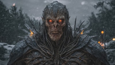 solo,looking at viewer,red eyes,1boy,upper body,male focus,outdoors,teeth,pointy ears,armor,blurry,tree,blurry background,glowing,shoulder armor,nature,glowing eyes,snow,forest,colored sclera,rain,pauldrons,skull,monster,snowing,grey sky,undead,sky,no humans,cloudy sky,sharp teeth,spikes,horror (theme),kaijuu