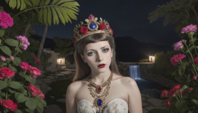 1girl,solo,long hair,looking at viewer,brown hair,dress,bare shoulders,jewelry,collarbone,upper body,flower,outdoors,parted lips,sky,water,necklace,white dress,tree,lips,grey eyes,strapless,makeup,night,rose,tiara,crown,plant,lipstick,red flower,gem,star (sky),night sky,strapless dress,pink flower,starry sky,red rose,red lips,red gemstone,head tilt,pale skin,realistic,purple flower,bush