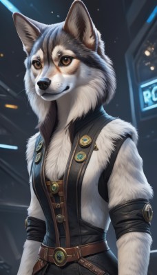 solo,smile,shirt,1boy,animal ears,brown eyes,closed mouth,standing,upper body,male focus,sleeveless,belt,artist name,signature,vest,orange eyes,furry,buckle,colored sclera,belt buckle,furry female,brown belt,furry male,body fur,white fur,animal nose,wolf,whiskers,snout,black fur,grey fur,1girl,breasts,looking at viewer,small breasts,teeth,fur trim,buttons,badge,brown fur