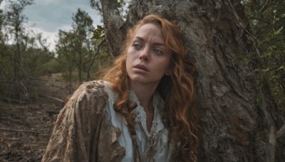 1girl,solo,long hair,blue eyes,blonde hair,brown hair,shirt,white shirt,upper body,outdoors,parted lips,sky,day,blurry,tree,lips,looking to the side,wavy hair,nature,freckles,curly hair,realistic,looking at viewer,red hair,cloud,orange hair,sunlight,thick eyebrows,forest,dirty,dirty face