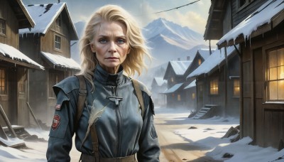 HQ,1girl,solo,long hair,looking at viewer,blue eyes,blonde hair,jewelry,jacket,upper body,outdoors,sky,day,cloud,medium hair,necklace,armor,uniform,lips,military,window,military uniform,scar,cross,wind,building,snow,snowing,mountain,realistic,house,winter,town,torn clothes,blood,scenery,injury,emblem,dirty,sunrise,dirty face,patch