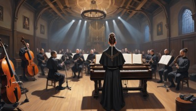 1girl,short hair,brown hair,black hair,long sleeves,dress,holding,sitting,standing,multiple boys,pants,indoors,from behind,black footwear,black dress,window,shadow,chair,black pants,formal,table,sunlight,suit,instrument,6+boys,robe,light rays,wooden floor,paper,music,facing away,stool,playing instrument,holding instrument,violin,drum,piano,trumpet,black robe,chandelier,sheet music,baton (conducting),grand piano,red hair,mask,scenery,painting (object),bow (music)