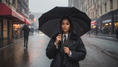 1girl,long hair,looking at viewer,smile,brown hair,shirt,black hair,long sleeves,holding,brown eyes,closed mouth,jacket,white shirt,outdoors,multiple boys,necktie,solo focus,collared shirt,pants,blurry,vest,lips,coat,black jacket,umbrella,formal,suit,ground vehicle,building,black necktie,motor vehicle,walking,rain,black coat,holding umbrella,city,realistic,car,road,multiple others,street,people,black umbrella,dutch angle,depth of field,blurry background,scenery,crowd,crosswalk