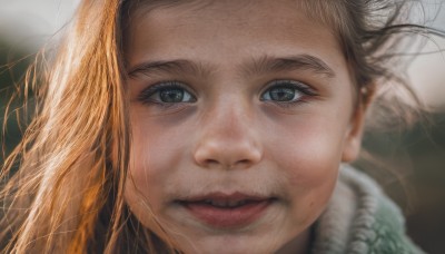 1girl,solo,long hair,looking at viewer,open mouth,blue eyes,blonde hair,brown hair,brown eyes,parted lips,blurry,lips,floating hair,depth of field,blurry background,wind,portrait,close-up,forehead,freckles,realistic,nose,smile,eyelashes