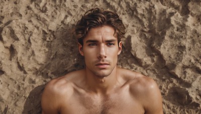 solo,looking at viewer,short hair,brown hair,1boy,brown eyes,closed mouth,collarbone,upper body,male focus,nude,lips,muscular,facial hair,pectorals,brown background,topless male,realistic,stubble,chest hair,arm hair,scar,expressionless,muscular male,portrait,beard,brown theme