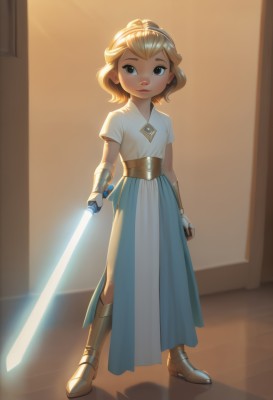 1girl,solo,looking at viewer,short hair,skirt,blonde hair,dress,holding,brown eyes,closed mouth,standing,full body,weapon,short sleeves,hairband,boots,sword,indoors,holding weapon,white dress,armor,flat chest,lips,blue skirt,shadow,glowing,holding sword,tiara,aged down,gauntlets,child,female child,armored boots,energy sword,lightsaber,blue eyes,gloves,belt,sash,brown footwear