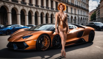 1girl,solo,breasts,looking at viewer,smile,short hair,brown hair,dress,cleavage,bare shoulders,brown eyes,jewelry,medium breasts,standing,collarbone,full body,earrings,outdoors,shoes,day,nail polish,orange hair,high heels,lips,legs,shadow,short dress,ground vehicle,building,breasts apart,motor vehicle,toenails,curly hair,toenail polish,car,vehicle focus,plunging neckline,afro,sports car,no bra,city,realistic