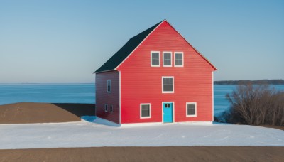 outdoors,sky,day,water,tree,blue sky,no humans,window,ocean,beach,building,scenery,mountain,sand,door,horizon,road,house,bare tree,shore,snow