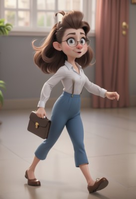 1girl,solo,long hair,breasts,looking at viewer,blush,smile,open mouth,brown hair,shirt,long sleeves,holding,brown eyes,full body,white shirt,small breasts,shoes,glasses,collared shirt,pants,indoors,bag,black footwear,blurry,black eyes,window,blurry background,brown footwear,thick eyebrows,suspenders,denim,curtains,freckles,walking,jeans,handbag,round eyewear,blue pants,female child,shirt tucked in,holding bag,brown bag,lips,plant,potted plant,high-waist pants