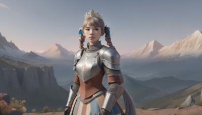 1girl,solo,long hair,looking at viewer,bangs,skirt,brown hair,ribbon,twintails,brown eyes,standing,hair ribbon,braid,flower,outdoors,sky,armor,twin braids,lips,grass,crown,shoulder armor,gauntlets,scenery,pauldrons,breastplate,mountain,mountainous horizon,plate armor,parted lips,realistic,landscape