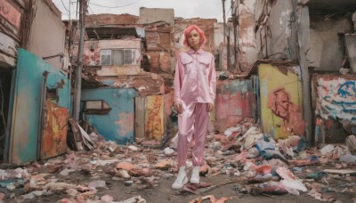 1girl,solo,looking at viewer,short hair,1boy,standing,jacket,pink hair,male focus,boots,outdoors,shoes,pants,white footwear,building,ruins,graffiti,alley,rubble,pink pants,shirt,long sleeves,full body,sky,hood,sneakers,power lines,street