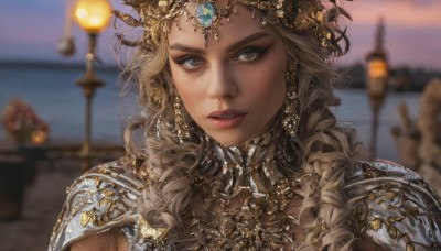 1girl,solo,long hair,looking at viewer,blonde hair,brown hair,hair ornament,brown eyes,jewelry,upper body,earrings,outdoors,parted lips,teeth,solo focus,dark skin,necklace,armor,blurry,lips,grey eyes,dutch angle,eyelashes,depth of field,blurry background,wavy hair,tiara,shoulder armor,gem,portrait,curly hair,pauldrons,circlet,realistic,nose,red lips,head chain,braid,sky,water,makeup,ocean,hair over shoulder,close-up,eyeliner,straight-on,gold,mascara,gorget