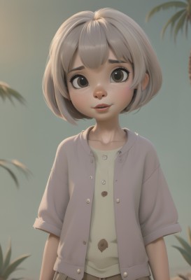 1girl,solo,looking at viewer,smile,short hair,open mouth,bangs,skirt,brown hair,shirt,brown eyes,collarbone,jacket,white shirt,upper body,short sleeves,grey hair,outdoors,parted lips,open clothes,teeth,artist name,blurry,tree,lips,buttons,bob cut,thick eyebrows,child,freckles,brown skirt,arms at sides,female child,blush,watermark,web address,realistic,nose